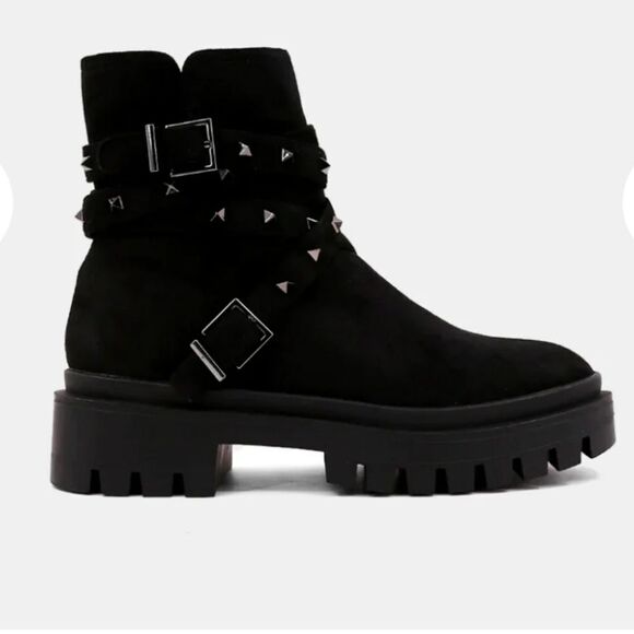 BRAND NEW SHU SHOP STUDDED SOFT FAUX SUEDE CHUNKY LUG SOLE BOOT - Picture 1 of 15